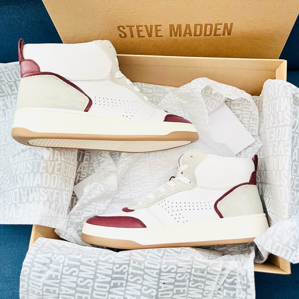 NEW Steve Madden Quality LEATHER Womens Sneakers Shoes White Burgundy size 6 - Picture 4 of 16